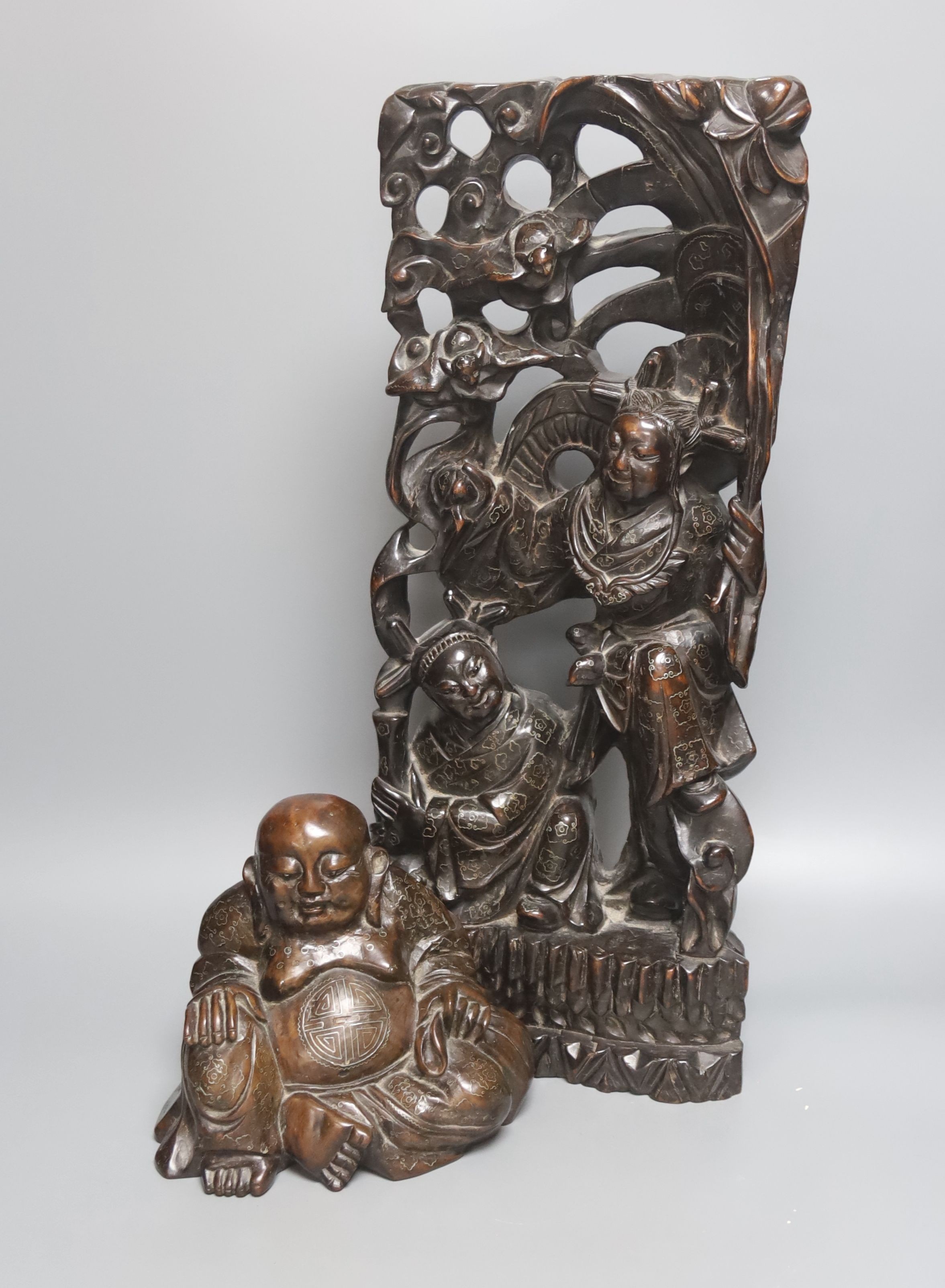 A Chinese hardwood and wire inlaid group of the He He Erxian and a similar figure of Budai, both early 20th century, tallest 49cm